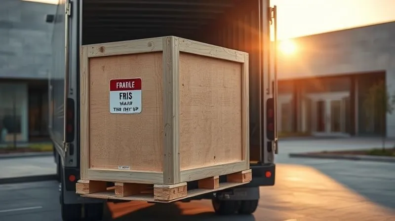 A photorealistic, professional image of a secure, custom-built wooden art crate being carefully loaded onto a specialized art transport truck. The crate has prominent 'Fragile' and 'This Way Up' labels. The scene is outdoors at dawn, with soft, cinematic light. Sharp focus on the crate, depth of field blurring the background of a modern art museum. 8K, shot on a high-end DSLR. A photorealistic, professional image of a secure, custom-built wooden art crate being carefully loaded onto a specialized art transport truck. The crate has prominent 'Fragile' and 'This Way Up' labels. The scene is outdoors at dawn, with soft, cinematic light. Sharp focus on the crate, depth of field blurring the background of a modern art museum. 8K, shot on a high-end DSLR.