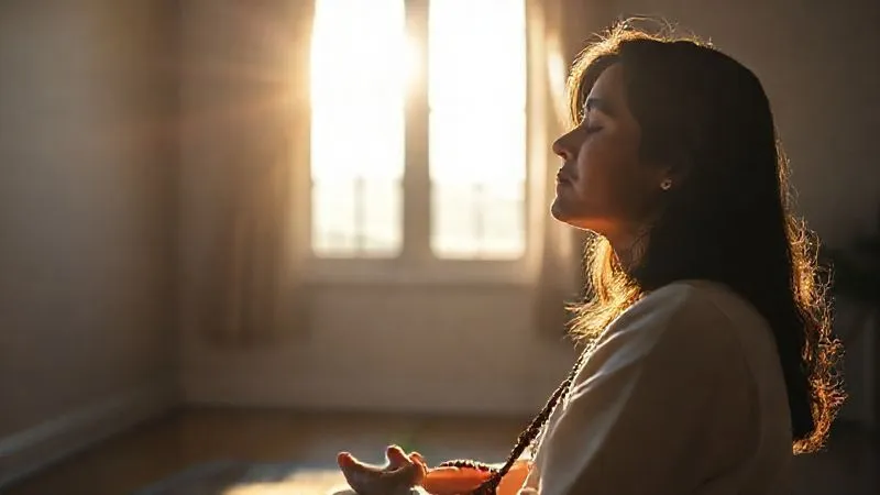 Photorealistic, professional photography, 8K, cinematic lighting, sharp focus on a person sitting peacefully in a sunlit, quiet room, perhaps with a rosary or prayer beads in hand, eyes closed in deep contemplation, a soft glow illuminating their face, depth of field blurring a window with a subtle, distant landscape, shot on a high-end DSLR. The atmosphere is serene and introspective. Photorealistic, professional photography, 8K, cinematic lighting, sharp focus on a person sitting peacefully in a sunlit, quiet room, perhaps with a rosary or prayer beads in hand, eyes closed in deep contemplation, a soft glow illuminating their face, depth of field blurring a window with a subtle, distant landscape, shot on a high-end DSLR. The atmosphere is serene and introspective.