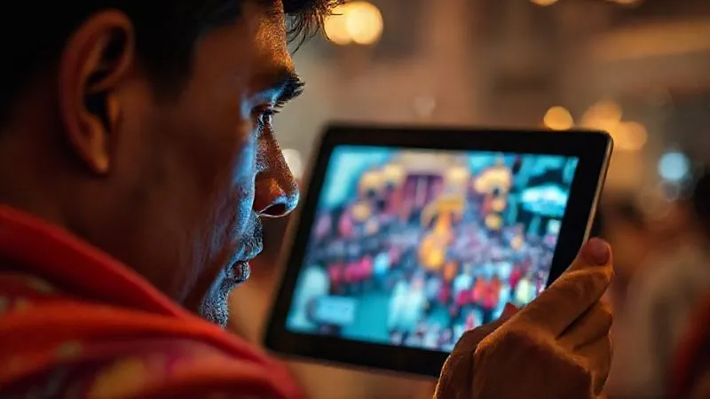 Photorealistic, professional photography, 8K, cinematic lighting, sharp focus on a person, perhaps with a thoughtful expression, looking at a tablet screen displaying a vibrant live stream of a religious festival procession, intricate details of the festival visible on the screen. The person's face is subtly illuminated by the screen's glow, with a soft, warm background, depth of field blurring the surroundings, shot on a high-end DSLR. The scene evokes a sense of connection despite distance. Photorealistic, professional photography, 8K, cinematic lighting, sharp focus on a person, perhaps with a thoughtful expression, looking at a tablet screen displaying a vibrant live stream of a religious festival procession, intricate details of the festival visible on the screen. The person's face is subtly illuminated by the screen's glow, with a soft, warm background, depth of field blurring the surroundings, shot on a high-end DSLR. The scene evokes a sense of connection despite distance.