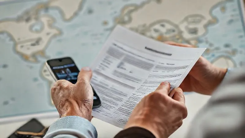 Photorealistic, professional photography, 8K, cinematic lighting, sharp focus on a pair of hands carefully reviewing a detailed travel insurance policy document, with a smartphone displaying a flight booking confirmation and a small, symbolic compass nearby. The scene is well-lit, evoking a sense of meticulous planning and security, depth of field blurring a world map in the background, shot on a high-end DSLR. Photorealistic, professional photography, 8K, cinematic lighting, sharp focus on a pair of hands carefully reviewing a detailed travel insurance policy document, with a smartphone displaying a flight booking confirmation and a small, symbolic compass nearby. The scene is well-lit, evoking a sense of meticulous planning and security, depth of field blurring a world map in the background, shot on a high-end DSLR.