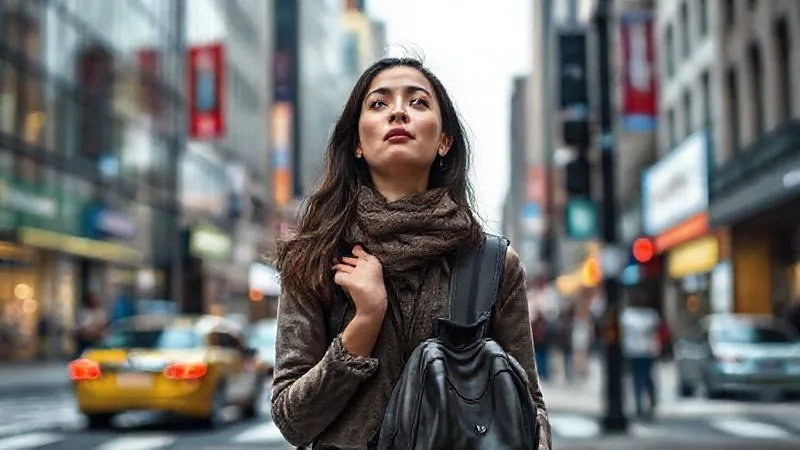 A photorealistic image of a solo female traveler standing calmly at a busy street corner in a foreign city, taking a deep breath and observing her surroundings, hand gently resting on a small backpack. Professional photography, 8K, cinematic lighting, sharp focus on her composed expression, depth of field blurring the urban background. A photorealistic image of a solo female traveler standing calmly at a busy street corner in a foreign city, taking a deep breath and observing her surroundings, hand gently resting on a small backpack. Professional photography, 8K, cinematic lighting, sharp focus on her composed expression, depth of field blurring the urban background.