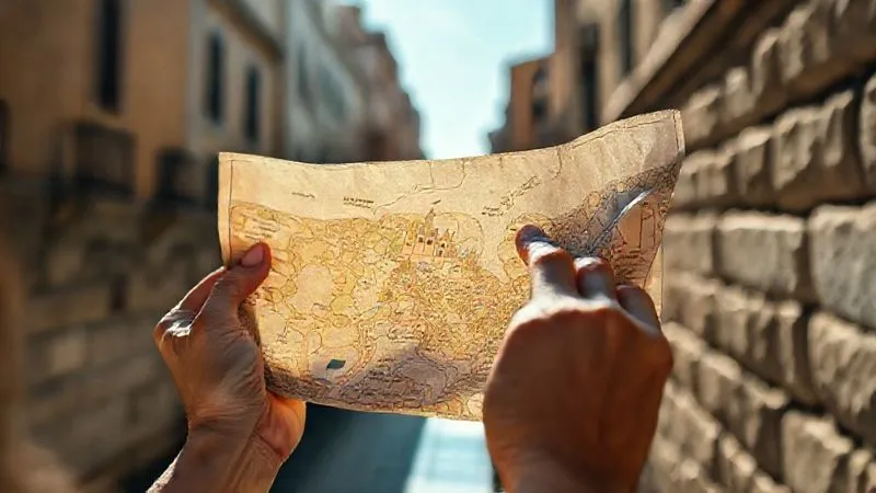 A close-up, photorealistic image of hands holding an unfolded, slightly worn paper map of a historic city, a finger pointing to a specific landmark. Sunlight filters through nearby buildings, creating soft shadows. Professional photography, 8K, cinematic lighting, sharp focus on the map and hands, depth of field blurring the background of a stone wall. A close-up, photorealistic image of hands holding an unfolded, slightly worn paper map of a historic city, a finger pointing to a specific landmark. Sunlight filters through nearby buildings, creating soft shadows. Professional photography, 8K, cinematic lighting, sharp focus on the map and hands, depth of field blurring the background of a stone wall.