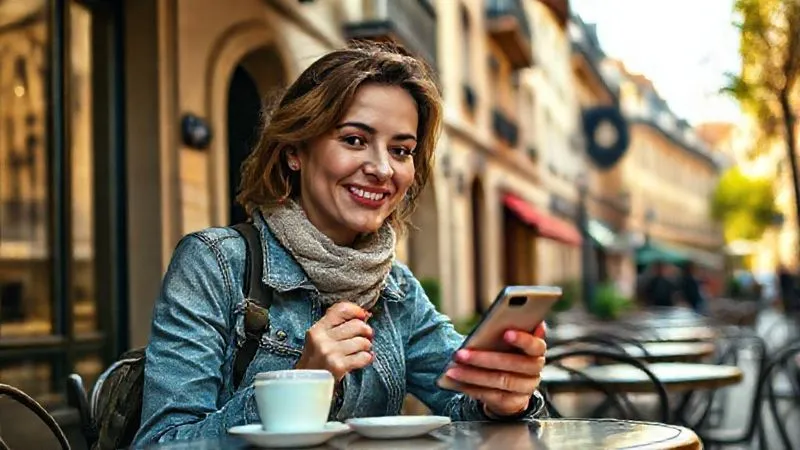 A photorealistic image of a solo female traveler, smiling subtly, sipping coffee at an outdoor Parisian cafe, her phone displaying a re-established network signal. Ancient buildings line the background, bathed in warm afternoon light. Professional photography, 8K, cinematic lighting, sharp focus on her content face and the phone, depth of field blurring the charming street scene. A photorealistic image of a solo female traveler, smiling subtly, sipping coffee at an outdoor Parisian cafe, her phone displaying a re-established network signal. Ancient buildings line the background, bathed in warm afternoon light. Professional photography, 8K, cinematic lighting, sharp focus on her content face and the phone, depth of field blurring the charming street scene.