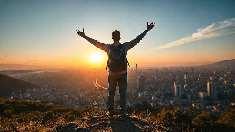 A photorealistic image of a traveler standing confidently on a hill overlooking a vibrant foreign city, arms outstretched slightly, feeling a sense of triumph and relief. The sun is setting, casting a golden glow over the city. Professional photography, 8K, cinematic lighting, sharp focus on the traveler, depth of field blurring the expansive cityscape below. A photorealistic image of a traveler standing confidently on a hill overlooking a vibrant foreign city, arms outstretched slightly, feeling a sense of triumph and relief. The sun is setting, casting a golden glow over the city. Professional photography, 8K, cinematic lighting, sharp focus on the traveler, depth of field blurring the expansive cityscape below.