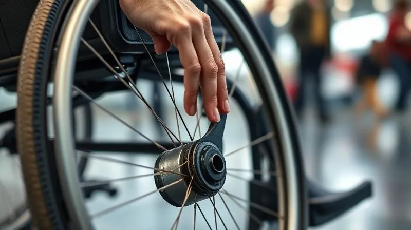 A close-up, photorealistic image of a broken wheelchair wheel, with a person's hand gently touching it, suggesting concern and assessment. The background is slightly blurred to indicate a busy travel environment. Cinematic lighting, sharp focus, depth of field, 8K hyper-detailed, professional photography, shot on a high-end DSLR. A close-up, photorealistic image of a broken wheelchair wheel, with a person's hand gently touching it, suggesting concern and assessment. The background is slightly blurred to indicate a busy travel environment. Cinematic lighting, sharp focus, depth of field, 8K hyper-detailed, professional photography, shot on a high-end DSLR.