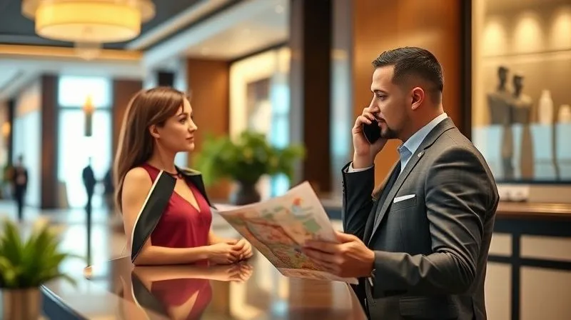 A photorealistic image of a person in a hotel lobby, speaking with a helpful concierge who is on the phone, looking engaged and problem-solving. A map or local guide is visible on the desk. Cinematic lighting, sharp focus on the interaction, depth of field, 8K hyper-detailed, professional photography, shot on a high-end DSLR. A photorealistic image of a person in a hotel lobby, speaking with a helpful concierge who is on the phone, looking engaged and problem-solving. A map or local guide is visible on the desk. Cinematic lighting, sharp focus on the interaction, depth of field, 8K hyper-detailed, professional photography, shot on a high-end DSLR.