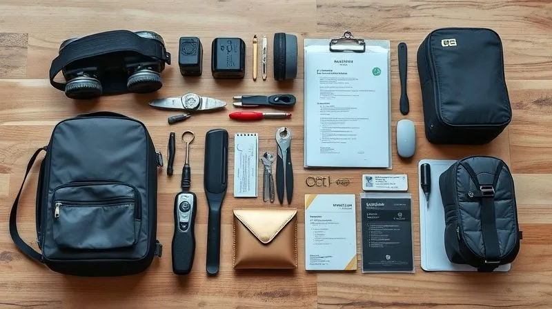 A flat lay photorealistic image showing a well-organized travel kit for a person with a disability, including a small toolkit, spare parts, insurance documents, and essential contact information. Cinematic lighting, sharp focus, depth of field, 8K hyper-detailed, professional photography, shot on a high-end DSLR. A flat lay photorealistic image showing a well-organized travel kit for a person with a disability, including a small toolkit, spare parts, insurance documents, and essential contact information. Cinematic lighting, sharp focus, depth of field, 8K hyper-detailed, professional photography, shot on a high-end DSLR.