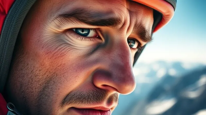 A close-up, photorealistic image of a climber's face showing signs of fatigue and slight disorientation, with the vast, blurred expanse of a mountain range in the background, cinematic lighting, sharp focus on the climber's eyes, depth of field, 8K, professional photography. A close-up, photorealistic image of a climber's face showing signs of fatigue and slight disorientation, with the vast, blurred expanse of a mountain range in the background, cinematic lighting, sharp focus on the climber's eyes, depth of field, 8K, professional photography.
