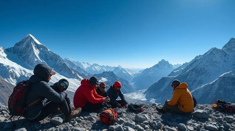 A photorealistic image of a group of climbers taking a rest at a scenic high-altitude camp, surrounded by majestic snow-capped peaks under a clear blue sky, showing a sense of calm and proper acclimatization, 8K, cinematic lighting, professional photography. A photorealistic image of a group of climbers taking a rest at a scenic high-altitude camp, surrounded by majestic snow-capped peaks under a clear blue sky, showing a sense of calm and proper acclimatization, 8K, cinematic lighting, professional photography.