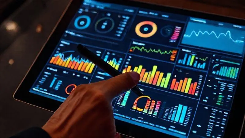 A professional, high-angle shot of a hand using a stylus on a digital tablet, displaying a complex data dashboard with various charts and graphs representing financial projections and operational impacts. The screen is sharp and detailed, with cinematic lighting highlighting the focused hand and the vibrant data visualizations. Photorealistic, professional photography, 8K, cinematic lighting, sharp focus, depth of field, shot on a high-end DSLR.