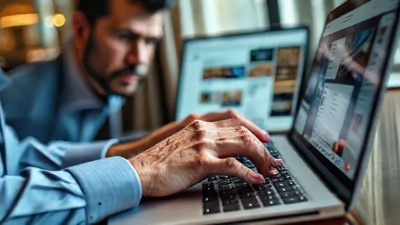 photorealistic, professional photography, 8K, cinematic lighting, sharp focus, depth of field, shot on a high-end DSLR. A close-up of a luxury travel planner's hands, quickly typing on a high-end laptop, with multiple browser tabs open showing restaurant websites, news alerts, and reservation systems. The planner's expression is serious but focused, conveying urgency and problem-solving under pressure. photorealistic, professional photography, 8K, cinematic lighting, sharp focus, depth of field, shot on a high-end DSLR. A close-up of a luxury travel planner's hands, quickly typing on a high-end laptop, with multiple browser tabs open showing restaurant websites, news alerts, and reservation systems. The planner's expression is serious but focused, conveying urgency and problem-solving under pressure.