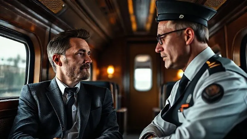 A photorealistic, professional photography, 8K, cinematic lighting, sharp focus, depth of field, shot on a high-end DSLR. A well-dressed passenger, looking calm and composed, engaging in a respectful conversation with a uniformed luxury train manager in a sophisticated lounge car. The manager is attentively listening, suggesting professionalism and problem-solving. A photorealistic, professional photography, 8K, cinematic lighting, sharp focus, depth of field, shot on a high-end DSLR. A well-dressed passenger, looking calm and composed, engaging in a respectful conversation with a uniformed luxury train manager in a sophisticated lounge car. The manager is attentively listening, suggesting professionalism and problem-solving.