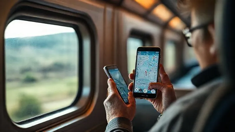 A photorealistic, professional photography, 8K, cinematic lighting, sharp focus, depth of field, shot on a high-end DSLR. A passenger in a luxurious train cabin, looking out a window at a serene, slightly blurred landscape, holding a smartphone with a travel app open, showing a map or an update, conveying calm awareness and thoughtful planning. A photorealistic, professional photography, 8K, cinematic lighting, sharp focus, depth of field, shot on a high-end DSLR. A passenger in a luxurious train cabin, looking out a window at a serene, slightly blurred landscape, holding a smartphone with a travel app open, showing a map or an update, conveying calm awareness and thoughtful planning.