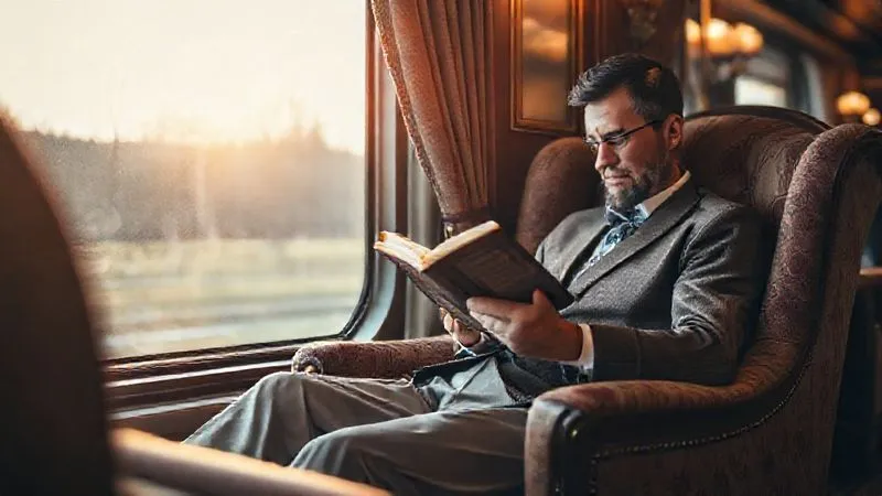 A photorealistic, professional photography, 8K, cinematic lighting, sharp focus, depth of field, shot on a high-end DSLR. A serene passenger in a lavish luxury train lounge, comfortably seated on an opulent armchair, engrossed in reading a classic novel. Soft, warm light filters through a large window, highlighting the elegant decor, conveying tranquility amidst an implied delay. A photorealistic, professional photography, 8K, cinematic lighting, sharp focus, depth of field, shot on a high-end DSLR. A serene passenger in a lavish luxury train lounge, comfortably seated on an opulent armchair, engrossed in reading a classic novel. Soft, warm light filters through a large window, highlighting the elegant decor, conveying tranquility amidst an implied delay.
