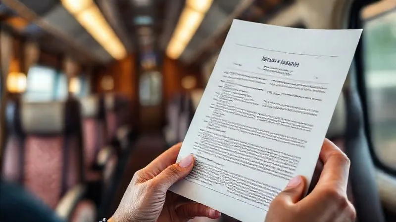 A photorealistic, professional photography, 8K, cinematic lighting, sharp focus, depth of field, shot on a high-end DSLR. A close-up shot of elegant hands holding and reviewing a detailed travel insurance policy document, with a blurred background showing the plush interior of a luxury train. The focus is on the text, suggesting careful consideration. A photorealistic, professional photography, 8K, cinematic lighting, sharp focus, depth of field, shot on a high-end DSLR. A close-up shot of elegant hands holding and reviewing a detailed travel insurance policy document, with a blurred background showing the plush interior of a luxury train. The focus is on the text, suggesting careful consideration.