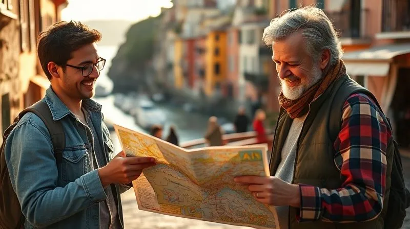A traveler consulting a detailed local map with a friendly, smiling local pointing out a hidden gem, a charming coastal town with colorful buildings and a harbor in the background, warm afternoon light, photorealistic, professional photography, 8K, cinematic lighting, sharp focus on the map and faces, depth of field blurring the background, shot on a high-end DSLR. A traveler consulting a detailed local map with a friendly, smiling local pointing out a hidden gem, a charming coastal town with colorful buildings and a harbor in the background, warm afternoon light, photorealistic, professional photography, 8K, cinematic lighting, sharp focus on the map and faces, depth of field blurring the background, shot on a high-end DSLR.