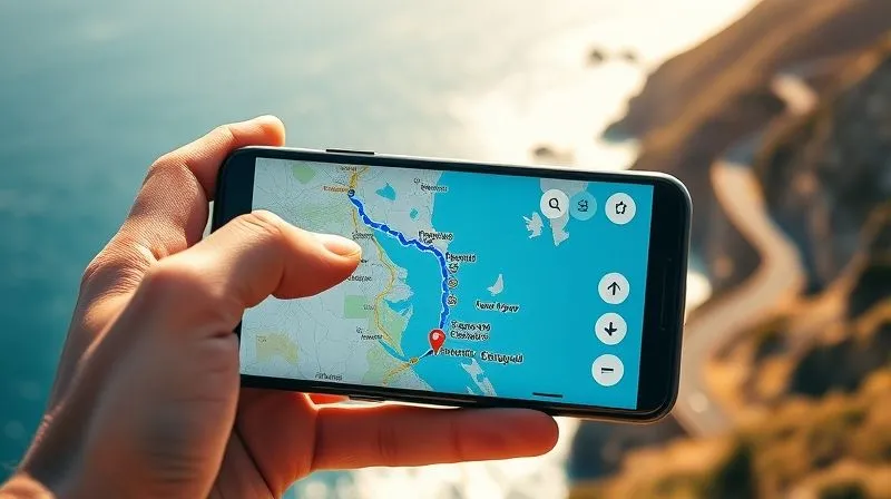 A smartphone displaying a detailed map with an alternative coastal route highlighted in vibrant blue, a hand holding the phone, a stunning, sun-drenched coastal vista with a winding road and distant cliffs visible in the background, sharp focus on the phone screen, depth of field blurring the background, photorealistic, professional photography, 8K, cinematic lighting, shot on a high-end DSLR. A smartphone displaying a detailed map with an alternative coastal route highlighted in vibrant blue, a hand holding the phone, a stunning, sun-drenched coastal vista with a winding road and distant cliffs visible in the background, sharp focus on the phone screen, depth of field blurring the background, photorealistic, professional photography, 8K, cinematic lighting, shot on a high-end DSLR.