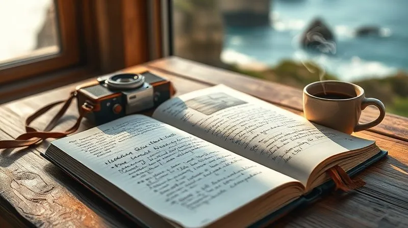 A travel journal open to a page filled with handwritten notes and quick sketches of a secluded beach, a vintage camera resting beside it, a small, unique seashell, and a steaming cup of coffee, all bathed in soft, natural morning light from a window overlooking a coastal landscape, photorealistic, professional photography, 8K, cinematic lighting, sharp focus on the journal, depth of field blurring the background, shot on a high-end DSLR. A travel journal open to a page filled with handwritten notes and quick sketches of a secluded beach, a vintage camera resting beside it, a small, unique seashell, and a steaming cup of coffee, all bathed in soft, natural morning light from a window overlooking a coastal landscape, photorealistic, professional photography, 8K, cinematic lighting, sharp focus on the journal, depth of field blurring the background, shot on a high-end DSLR.
