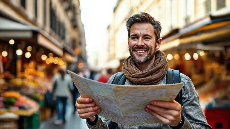 A professional photorealistic image of a traveler, mid-30s, with a relaxed smile, confidently navigating a bustling European port city street with a local map in hand, a colorful market stall in the background. Cinematic lighting, sharp focus on the traveler and map, depth of field blurring the background, 8K hyper-detailed, shot on a high-end DSLR.