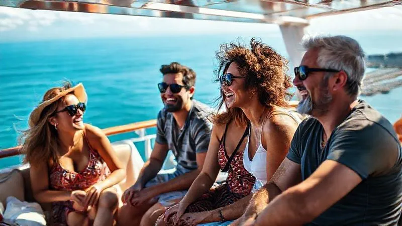 A photorealistic professional photography shot of a group of diverse travelers, mid-cruise, laughing and sharing stories on a sun-drenched deck lounge, with a calm blue ocean and distant port visible in the background. Cinematic lighting, sharp focus on the faces and interaction, depth of field blurring the background, 8K hyper-detailed, shot on a high-end DSLR.