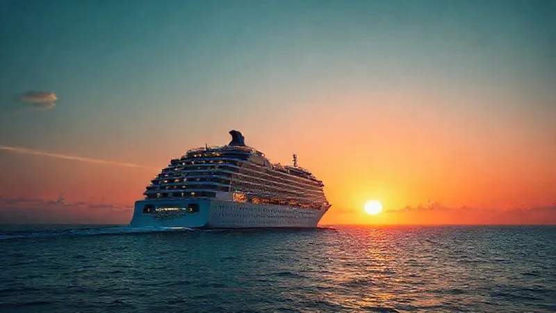 A professional photorealistic image of a majestic cruise ship sailing into a sunset, with a vibrant, warm glow over the calm ocean. The ship is sharply in focus, emanating a sense of adventure and tranquility, depth of field blurring the distant horizon, 8K hyper-detailed, shot on a high-end DSLR.