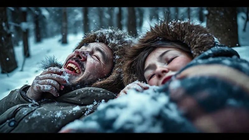 A photorealistic comparison image showing two individuals in a snowy forest: one shivering visibly with chattering teeth (mild hypothermia), and another lying still, eyes unfocused, bundled but unresponsive (severe hypothermia). Professional photography, 8K, cinematic lighting, sharp focus, depth of field. A photorealistic comparison image showing two individuals in a snowy forest: one shivering visibly with chattering teeth (mild hypothermia), and another lying still, eyes unfocused, bundled but unresponsive (severe hypothermia). Professional photography, 8K, cinematic lighting, sharp focus, depth of field.
