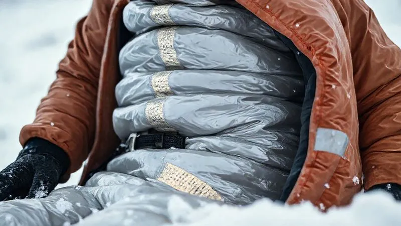 A photorealistic, close-up image of a person being carefully and professionally wrapped in multiple layers of insulation and a reflective emergency bivy by a guide in a snowy, serene winter environment. Emphasize the meticulous layering process. Professional photography, 8K, cinematic lighting, sharp focus on the wrapping, depth of field. A photorealistic, close-up image of a person being carefully and professionally wrapped in multiple layers of insulation and a reflective emergency bivy by a guide in a snowy, serene winter environment. Emphasize the meticulous layering process. Professional photography, 8K, cinematic lighting, sharp focus on the wrapping, depth of field.