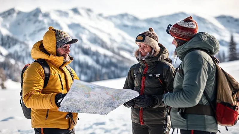 A photorealistic image of an experienced snowshoeing guide pointing to a map, discussing route and weather with two well-equipped clients before a snowshoeing trip. The background shows a pristine, snow-covered mountain landscape. Professional photography, 8K, cinematic lighting, sharp focus on the interaction, depth of field. A photorealistic image of an experienced snowshoeing guide pointing to a map, discussing route and weather with two well-equipped clients before a snowshoeing trip. The background shows a pristine, snow-covered mountain landscape. Professional photography, 8K, cinematic lighting, sharp focus on the interaction, depth of field.