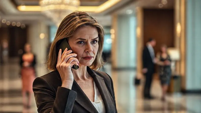 photorealistic, professional photography, 8K, cinematic lighting, sharp focus, depth of field, shot on a high-end DSLR. A concerned event planner, dressed in sophisticated business attire, is making a phone call in a luxurious hotel lobby, her expression serious but determined. Behind her, blurred figures of elegant guests are visible, creating a sense of urgency and quiet crisis management. photorealistic, professional photography, 8K, cinematic lighting, sharp focus, depth of field, shot on a high-end DSLR. A concerned event planner, dressed in sophisticated business attire, is making a phone call in a luxurious hotel lobby, her expression serious but determined. Behind her, blurred figures of elegant guests are visible, creating a sense of urgency and quiet crisis management.