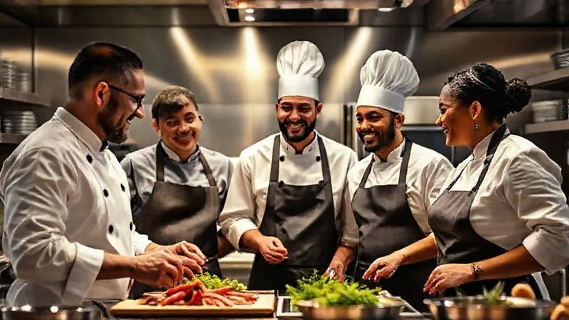 photorealistic, professional photography, 8K, cinematic lighting, sharp focus, depth of field, shot on a high-end DSLR. A diverse group of professional chefs, male and female, from various backgrounds, are collaborating harmoniously in a modern, stainless-steel kitchen. They are smiling, engaged, and sharing ideas, symbolizing collaboration and diverse culinary talent. Soft, warm light illuminates the scene. photorealistic, professional photography, 8K, cinematic lighting, sharp focus, depth of field, shot on a high-end DSLR. A diverse group of professional chefs, male and female, from various backgrounds, are collaborating harmoniously in a modern, stainless-steel kitchen. They are smiling, engaged, and sharing ideas, symbolizing collaboration and diverse culinary talent. Soft, warm light illuminates the scene.