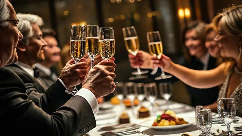 photorealistic, professional photography, 8K, cinematic lighting, sharp focus, depth of field, shot on a high-end DSLR. A group of elegantly dressed guests are raising champagne glasses in a toast, their faces illuminated by soft, warm light, reflecting joy and satisfaction. In the blurred background, a beautifully plated dessert is visible on a table, symbolizing a successful and memorable gourmet event, despite earlier challenges. The atmosphere is one of triumph and celebration. photorealistic, professional photography, 8K, cinematic lighting, sharp focus, depth of field, shot on a high-end DSLR. A group of elegantly dressed guests are raising champagne glasses in a toast, their faces illuminated by soft, warm light, reflecting joy and satisfaction. In the blurred background, a beautifully plated dessert is visible on a table, symbolizing a successful and memorable gourmet event, despite earlier challenges. The atmosphere is one of triumph and celebration.