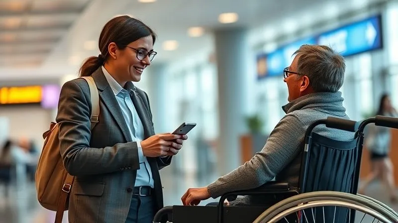 A professional travel agent, calm and empathetic, talking on a smartphone while looking directly at a client in a wheelchair, offering reassurance. They are in a well-lit, modern airport terminal lounge, with a subtle sense of urgency but controlled professionalism. Photorealistic, professional photography, 8K, cinematic lighting, sharp focus on the faces, depth of field blurring the background, shot on a high-end DSLR. A professional travel agent, calm and empathetic, talking on a smartphone while looking directly at a client in a wheelchair, offering reassurance. They are in a well-lit, modern airport terminal lounge, with a subtle sense of urgency but controlled professionalism. Photorealistic, professional photography, 8K, cinematic lighting, sharp focus on the faces, depth of field blurring the background, shot on a high-end DSLR.