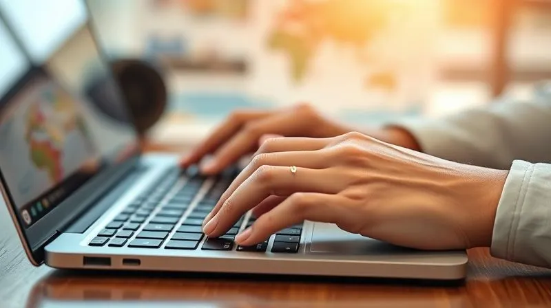 A close-up shot of a travel agent's hands, typing on a laptop with one hand while holding a credit card or receipt in the other, symbolizing financial problem-solving. A subtle accessible travel brochure or map is visible in the background. Photorealistic, professional photography, 8K, cinematic lighting, sharp focus on the hands and keyboard, depth of field blurring the background, shot on a high-end DSLR. A close-up shot of a travel agent's hands, typing on a laptop with one hand while holding a credit card or receipt in the other, symbolizing financial problem-solving. A subtle accessible travel brochure or map is visible in the background. Photorealistic, professional photography, 8K, cinematic lighting, sharp focus on the hands and keyboard, depth of field blurring the background, shot on a high-end DSLR.