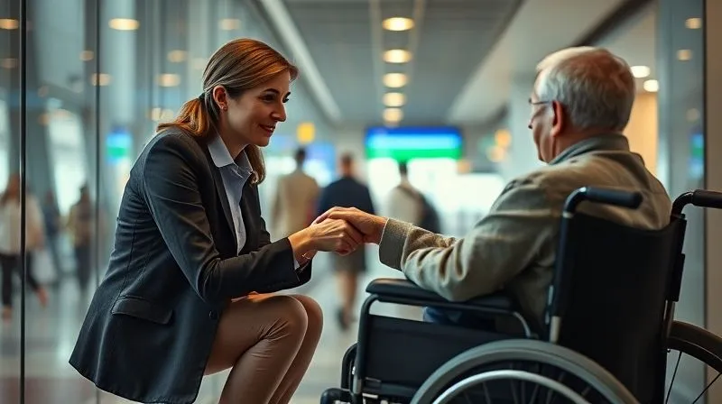 A travel agent showing genuine empathy, sitting at eye level with a client in a wheelchair, holding their hand or shoulder gently, in a moment of shared understanding and reassurance. The setting is a quiet corner of a busy transportation hub, implying a moment of calm amidst chaos. Photorealistic, professional photography, 8K, cinematic lighting, sharp focus on their expressions, depth of field blurring the background, shot on a high-end DSLR. A travel agent showing genuine empathy, sitting at eye level with a client in a wheelchair, holding their hand or shoulder gently, in a moment of shared understanding and reassurance. The setting is a quiet corner of a busy transportation hub, implying a moment of calm amidst chaos. Photorealistic, professional photography, 8K, cinematic lighting, sharp focus on their expressions, depth of field blurring the background, shot on a high-end DSLR.