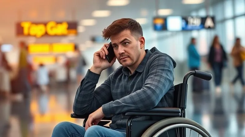 A person in a wheelchair looking frustrated but determined, holding a smartphone to their ear, with a blurred airport gate and boarding activity in the background. Photorealistic, professional photography, 8K, cinematic lighting, sharp focus on the person, depth of field blurring the background, shot on a high-end DSLR. A person in a wheelchair looking frustrated but determined, holding a smartphone to their ear, with a blurred airport gate and boarding activity in the background. Photorealistic, professional photography, 8K, cinematic lighting, sharp focus on the person, depth of field blurring the background, shot on a high-end DSLR.