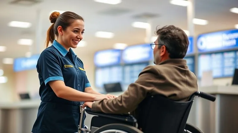 A professional airport staff member in uniform, with a calm and empathetic expression, actively listening to a traveler in a wheelchair who is speaking clearly and assertively. The background is a well-lit airport customer service desk. Photorealistic, professional photography, 8K, cinematic lighting, sharp focus on the interaction, depth of field blurring the background, shot on a high-end DSLR. A professional airport staff member in uniform, with a calm and empathetic expression, actively listening to a traveler in a wheelchair who is speaking clearly and assertively. The background is a well-lit airport customer service desk. Photorealistic, professional photography, 8K, cinematic lighting, sharp focus on the interaction, depth of field blurring the background, shot on a high-end DSLR.