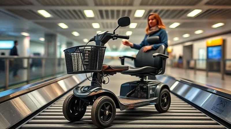 photorealistic, professional photography, 8K, cinematic lighting, sharp focus, depth of field, shot on a high-end DSLR. A visibly damaged custom mobility scooter, with a bent frame and loose wiring, sits starkly on a clean airport baggage carousel, while a concerned passenger points out the damage to an airline ground staff member in the background, their faces showing serious discussion. The lighting highlights the damage on the scooter. photorealistic, professional photography, 8K, cinematic lighting, sharp focus, depth of field, shot on a high-end DSLR. A visibly damaged custom mobility scooter, with a bent frame and loose wiring, sits starkly on a clean airport baggage carousel, while a concerned passenger points out the damage to an airline ground staff member in the background, their faces showing serious discussion. The lighting highlights the damage on the scooter.