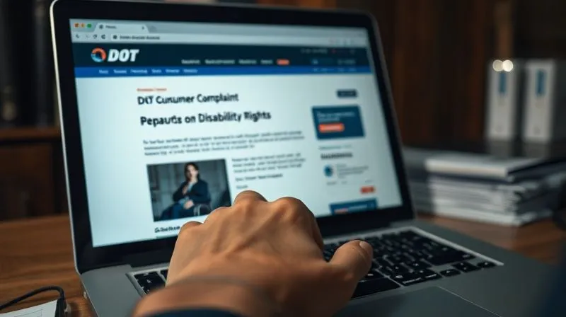photorealistic, professional photography, 8K, cinematic lighting, sharp focus, depth of field, shot on a high-end DSLR. A hand resting on a keyboard, with a computer screen displaying the U.S. Department of Transportation (DOT) consumer complaint website, focusing on disability rights. The background shows a dimly lit office with legal documents subtly blurred, conveying a sense of formal escalation and advocacy. photorealistic, professional photography, 8K, cinematic lighting, sharp focus, depth of field, shot on a high-end DSLR. A hand resting on a keyboard, with a computer screen displaying the U.S. Department of Transportation (DOT) consumer complaint website, focusing on disability rights. The background shows a dimly lit office with legal documents subtly blurred, conveying a sense of formal escalation and advocacy.