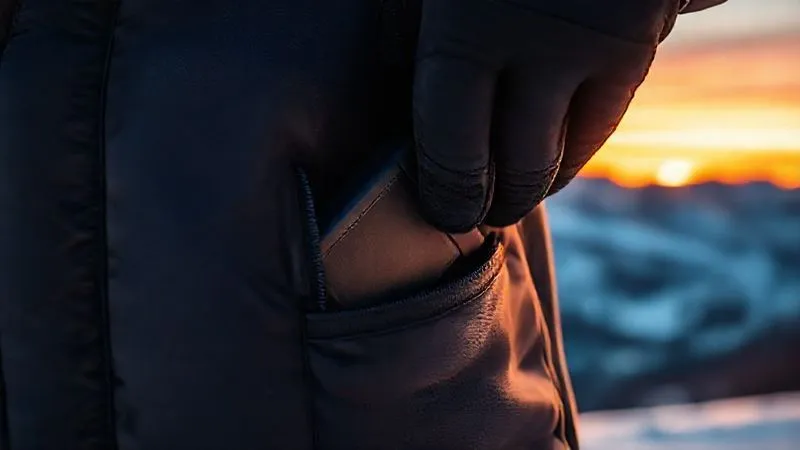 A photorealistic close-up of a gloved hand retrieving a camera battery from a zippered inner jacket pocket, against the blurred backdrop of a snowy mountain range at sunset, emphasizing the warmth and protection of body heat for the battery. Professional photography, 8K, cinematic lighting, sharp focus, depth of field, shot on a high-end DSLR.