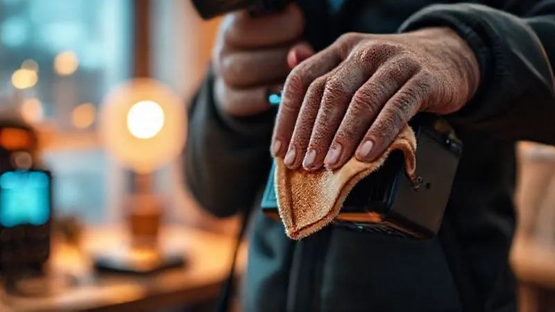 A photorealistic shot of a photographer carefully wiping down a camera battery with a soft cloth after a winter shoot, in a warm, well-lit indoor setting, with a blurred backdrop of a charging station, emphasizing meticulous post-shoot care. Professional photography, 8K, cinematic lighting, sharp focus, depth of field, shot on a high-end DSLR.