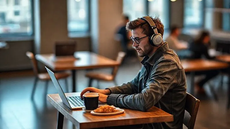 A photorealistic image of a lone backpacker, mid-30s, sitting at a small, sturdy wooden desk inside a quiet, well-lit co-working space in a bustling foreign city. They are wearing noise-canceling headphones, intensely focused on their laptop screen. A cup of coffee and a local pastry are on the desk. The background is slightly blurred, showing other remote workers in a professional yet relaxed setting. Cinematic lighting, sharp focus on the individual, depth of field, 8K hyper-detailed, shot on a high-end DSLR. A photorealistic image of a lone backpacker, mid-30s, sitting at a small, sturdy wooden desk inside a quiet, well-lit co-working space in a bustling foreign city. They are wearing noise-canceling headphones, intensely focused on their laptop screen. A cup of coffee and a local pastry are on the desk. The background is slightly blurred, showing other remote workers in a professional yet relaxed setting. Cinematic lighting, sharp focus on the individual, depth of field, 8K hyper-detailed, shot on a high-end DSLR.