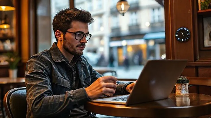 A photorealistic, professional photography, 8K, cinematic lighting, sharp focus, depth of field, shot on a high-end DSLR. A digital nomad in a cozy cafe in a European city, laptop open, has a world clock app open on their phone showing different time zones. They are strategically planning their day with a coffee, looking determined and organized. The cafe is softly lit, with a view of a historic street outside. A photorealistic, professional photography, 8K, cinematic lighting, sharp focus, depth of field, shot on a high-end DSLR. A digital nomad in a cozy cafe in a European city, laptop open, has a world clock app open on their phone showing different time zones. They are strategically planning their day with a coffee, looking determined and organized. The cafe is softly lit, with a view of a historic street outside.