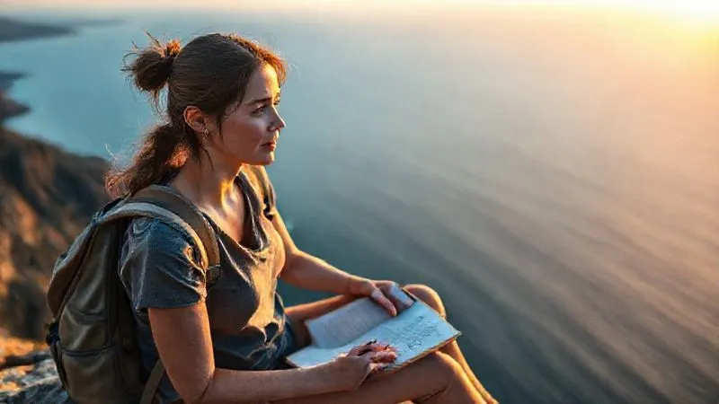 A photorealistic, professional photography, 8K, cinematic lighting, sharp focus, depth of field, shot on a high-end DSLR. A solo female backpacker, mid-20s, sits thoughtfully on a cliff overlooking a vast, serene ocean at sunset. She has a journal open in her lap, pen in hand, reflecting on her experiences. Her expression is calm and contemplative, suggesting wisdom gained from challenges. The light is golden and soft, emphasizing peace and reflection. A photorealistic, professional photography, 8K, cinematic lighting, sharp focus, depth of field, shot on a high-end DSLR. A solo female backpacker, mid-20s, sits thoughtfully on a cliff overlooking a vast, serene ocean at sunset. She has a journal open in her lap, pen in hand, reflecting on her experiences. Her expression is calm and contemplative, suggesting wisdom gained from challenges. The light is golden and soft, emphasizing peace and reflection.