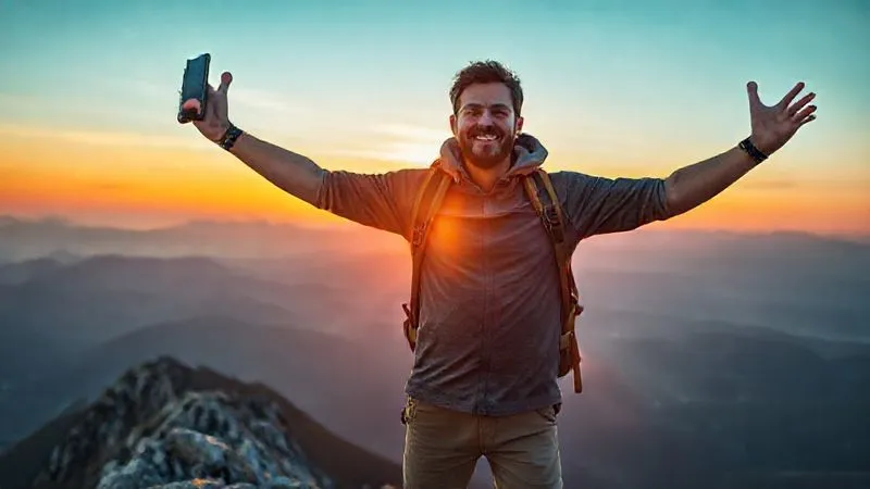 A photorealistic, professional photography, 8K, cinematic lighting, sharp focus, depth of field, shot on a high-end DSLR. A confident solo backpacker, male, mid-30s, stands at the peak of a mountain overlooking a vast, beautiful landscape, arms outstretched in a gesture of triumph and freedom. They are holding a smartphone in one hand, smiling, having just resolved a critical issue. The sun is setting, casting a warm, hopeful glow. The image conveys mastery over challenges and the joy of independent adventure. A photorealistic, professional photography, 8K, cinematic lighting, sharp focus, depth of field, shot on a high-end DSLR. A confident solo backpacker, male, mid-30s, stands at the peak of a mountain overlooking a vast, beautiful landscape, arms outstretched in a gesture of triumph and freedom. They are holding a smartphone in one hand, smiling, having just resolved a critical issue. The sun is setting, casting a warm, hopeful glow. The image conveys mastery over challenges and the joy of independent adventure.