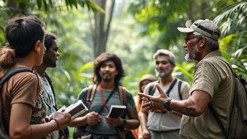 photorealistic, professional photography, 8K, cinematic lighting, sharp focus, depth of field, shot on a high-end DSLR. A group of diverse tourists attentively listening to a local eco-guide in a lush rainforest, the guide passionately gesturing towards a distant, blurred wildlife habitat. The tourists are engaged, some taking notes, others with binoculars, demonstrating active learning and respect. Soft dappled sunlight filters through the canopy. photorealistic, professional photography, 8K, cinematic lighting, sharp focus, depth of field, shot on a high-end DSLR. A group of diverse tourists attentively listening to a local eco-guide in a lush rainforest, the guide passionately gesturing towards a distant, blurred wildlife habitat. The tourists are engaged, some taking notes, others with binoculars, demonstrating active learning and respect. Soft dappled sunlight filters through the canopy.