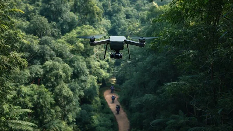 photorealistic, professional photography, 8K, cinematic lighting, sharp focus, depth of field, shot on a high-end DSLR. A small, silent drone with a camera subtly flying above a lush, dense forest canopy, its lens focused on a narrow, winding trail below. In the distance, a small group of tourists are visible, staying clearly on the path. The scene conveys discreet monitoring and technological assistance in conservation. photorealistic, professional photography, 8K, cinematic lighting, sharp focus, depth of field, shot on a high-end DSLR. A small, silent drone with a camera subtly flying above a lush, dense forest canopy, its lens focused on a narrow, winding trail below. In the distance, a small group of tourists are visible, staying clearly on the path. The scene conveys discreet monitoring and technological assistance in conservation.