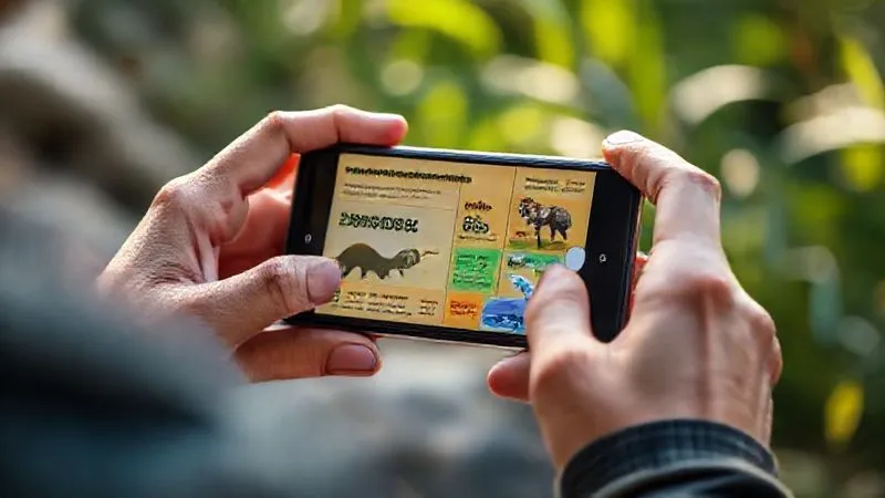 photorealistic, professional photography, 8K, cinematic lighting, sharp focus, depth of field, shot on a high-end DSLR. A person's hands holding a smartphone, actively engaging with an eco-tourism app. The screen displays a colorful infographic showing the positive impact of responsible tourism on local wildlife, with clear statistics and beautiful images of protected animals. The background is softly blurred with natural elements, suggesting a connection to the environment. photorealistic, professional photography, 8K, cinematic lighting, sharp focus, depth of field, shot on a high-end DSLR. A person's hands holding a smartphone, actively engaging with an eco-tourism app. The screen displays a colorful infographic showing the positive impact of responsible tourism on local wildlife, with clear statistics and beautiful images of protected animals. The background is softly blurred with natural elements, suggesting a connection to the environment.