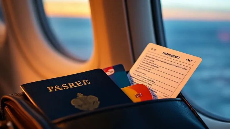 A photorealistic, professional photography, 8K, cinematic lighting, sharp focus, depth of field, shot on a high-end DSLR image of a neatly organized travel wallet, featuring a passport, a specialized medical travel insurance card, a credit card, and a laminated emergency contact list, all against a subtly blurred background of an airplane window view at dusk, conveying preparation and peace of mind. A photorealistic, professional photography, 8K, cinematic lighting, sharp focus, depth of field, shot on a high-end DSLR image of a neatly organized travel wallet, featuring a passport, a specialized medical travel insurance card, a credit card, and a laminated emergency contact list, all against a subtly blurred background of an airplane window view at dusk, conveying preparation and peace of mind.