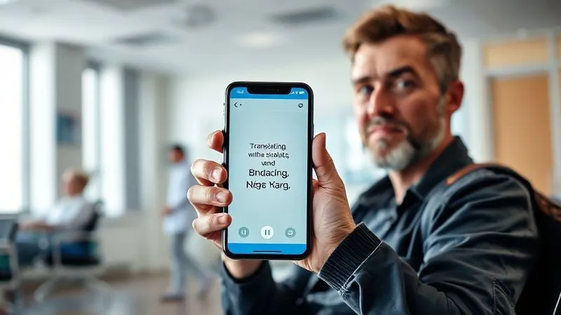 A photorealistic, professional photography, 8K, cinematic lighting, sharp focus, depth of field, shot on a high-end DSLR image of a traveler in a hospital waiting room abroad, holding a smartphone displaying a translation app with a medical phrase, looking slightly anxious but determined, with a nurse or doctor in the background engaging with another patient, conveying the challenge of language barriers but also the availability of tools to overcome them. A photorealistic, professional photography, 8K, cinematic lighting, sharp focus, depth of field, shot on a high-end DSLR image of a traveler in a hospital waiting room abroad, holding a smartphone displaying a translation app with a medical phrase, looking slightly anxious but determined, with a nurse or doctor in the background engaging with another patient, conveying the challenge of language barriers but also the availability of tools to overcome them.