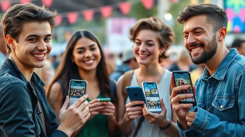 A professional photography image of a diverse group of young adults, smiling and chatting, holding smartphones that display various social media apps with festival-related posts. The background is a vibrant, slightly blurred festival ground, suggesting community connection. Cinematic lighting, sharp focus on the faces and phones, depth of field. 8K hyper-detailed, shot on a high-end DSLR, capturing a sense of shared experience and digital networking. A professional photography image of a diverse group of young adults, smiling and chatting, holding smartphones that display various social media apps with festival-related posts. The background is a vibrant, slightly blurred festival ground, suggesting community connection. Cinematic lighting, sharp focus on the faces and phones, depth of field. 8K hyper-detailed, shot on a high-end DSLR, capturing a sense of shared experience and digital networking.
